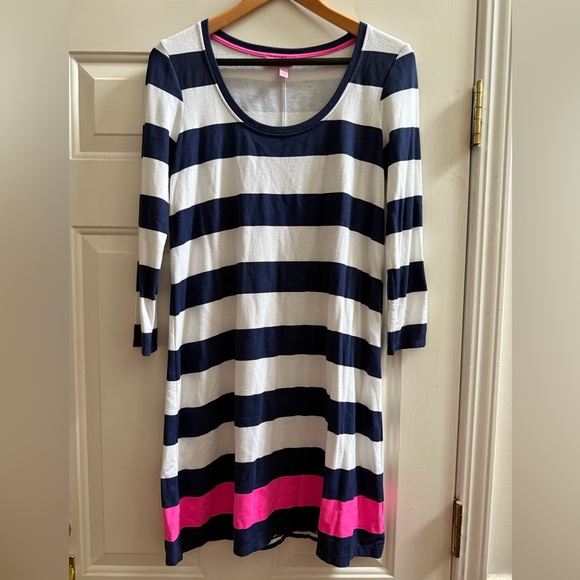 New Lilly Pulitzer Navy Blue, White, and Pink Striped Devon Shift Dress - Picture 1 of 8